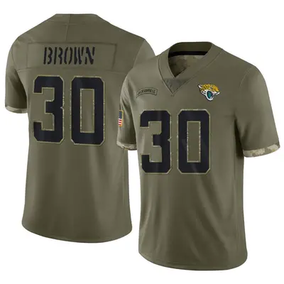 Youth Limited Montaric Brown Jacksonville Jaguars Olive 2022 Salute To Service Jersey